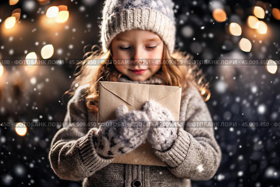 A little girl in winter clothes holding an envelope outside in snowy weather against the background of lights. A letter for Santa Claus. The winter atmosphere of a festive invitation. Стоковое AI-изображение, AI-художник Photojuli / Фотобанк Лори