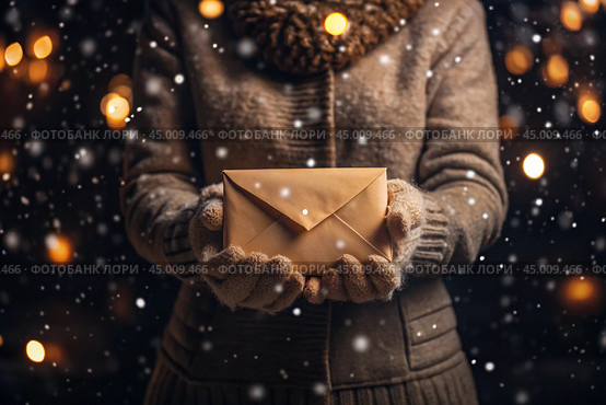 A little girl in winter clothes holding an envelope outside in snowy weather against the background of lights. A letter for Santa Claus. The winter atmosphere of a festive invitation. Стоковое AI-изображение, AI-художник Photojuli / Фотобанк Лори