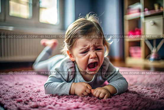 A little girl is lying on the floor. Childish hysteria. The child screams, sobs, gets cranky and gets hysterical. Discontent. Стоковое AI-изображение, AI-художник Photojuli / Фотобанк Лори