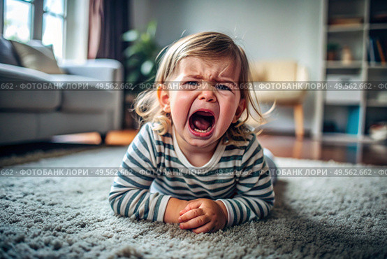 A little girl is lying on the floor. Childish hysteria. The child screams, sobs, gets cranky and gets hysterical. Discontent. Стоковое AI-изображение, AI-художник Photojuli / Фотобанк Лори