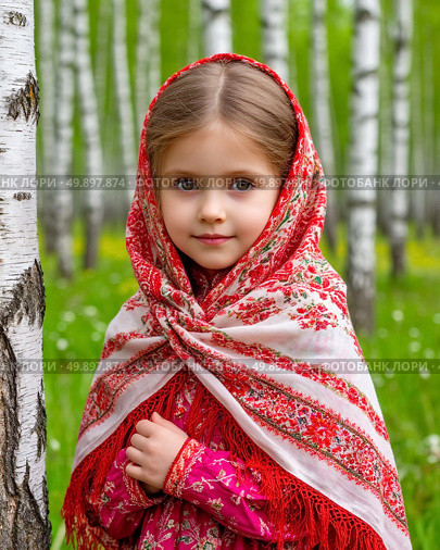 A little Russian beauty in a bright Pavlovo Posad shawl against the backdrop of birches. Стоковое AI-изображение, AI-художник Сергей Елизарьев / Фотобанк Лори