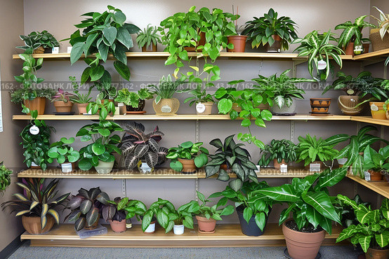 A Lively Indoor Plant Display on Wooden Shelves in a Well-Lit Space. Стоковое AI-изображение, AI-художник Сергей Толмачёв / Фотобанк Лори