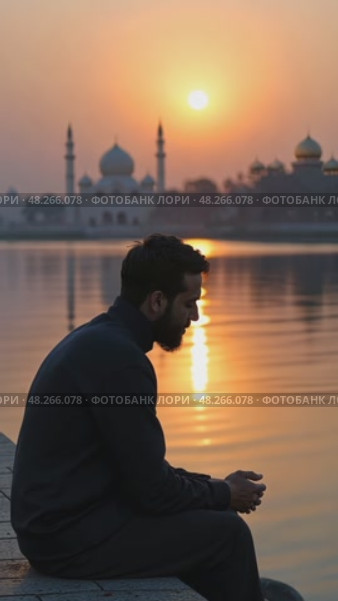 A lone mourner sitting by a river at twilight, his reflection blurred in the water as he whispers prayers for the martyrs of Karba. Стоковое AI-видео, аниматор Sergey Grishin / Фотобанк Лори