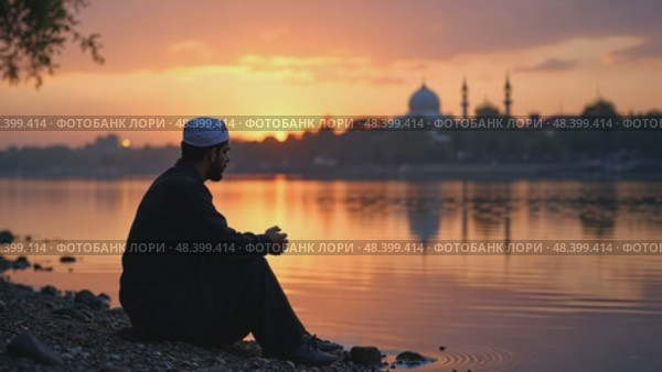 A lone mourner sitting by a river at twilight, his reflection blurred in the water as he whispers prayers for the martyrs of Karbala. Стоковое AI-видео, аниматор Sergey Grishin / Фотобанк Лори