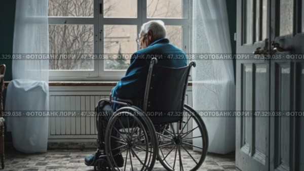 A lonely old man sits in a wheelchair and looks out the window. Loneliness and old age. lonely elder thoughtful sad old man look outside windows in bedroom at retirement home. Стоковое AI-видео, аниматор Sergey Grishin / Фотобанк Лори