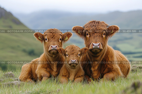 A lovely family of cows against a backdrop of picturesque green hills. In the foreground are three red calves, one of which is younger, probably the mother and two babies. The animals have thick, wavy fur and good-natured expressions on their faces. All three are looking straight at the camera, creating a feeling of warmth, coziness and closeness. The photo was taken in natural light in a pasture, in a calm and harmonious rural atmosphere. Ideal for nature, farming, animals and rural life themes. Стоковое AI-изображение, AI-художник Анна Кривицкая / Фотобанк Лори