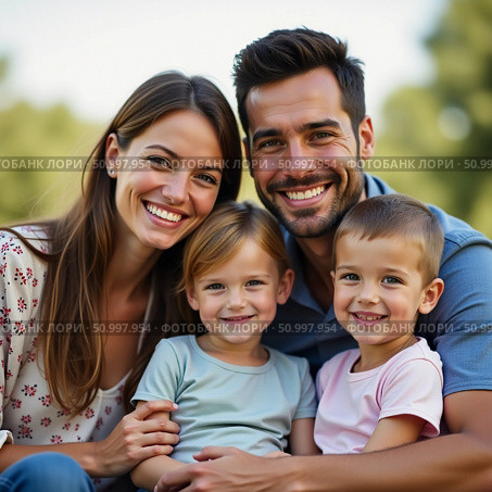 A loving family celebrates a beautiful day outdoors, embracing each other with smiles and laughter Generative AI. Стоковое AI-изображение, AI-художник Юлия Петровская / Фотобанк Лори
