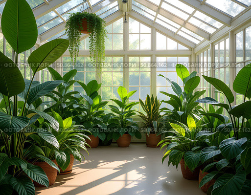 A lush indoor greenhouse filled with a variety of vibrant plants, including monsteras, fiddle-leaf figs, snake plants. Стоковое AI-изображение, AI-художник Iva Noel / Фотобанк Лори