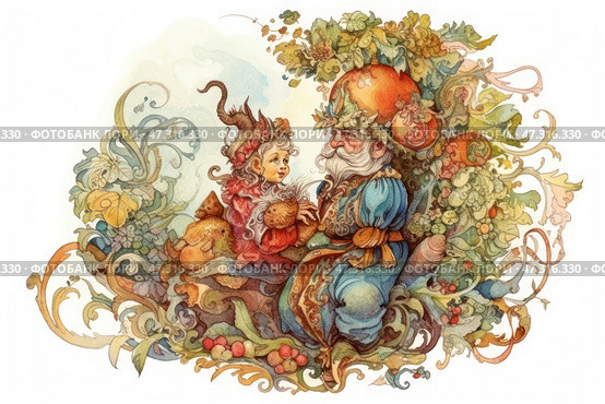 A magical fairytale scene, done in the style of a children's watercolor illustration. In the center are two characters: a good-natured old man with a long white beard and a large reddish-orange hat that looks like a mushroom, and a small cheerful child in a fantastic costume with a cap, sitting next to him. Around them is lush vegetation, berries, leaves, mushrooms and curls, forming a decorative frame. The picture is filled with warmth, magic and the atmosphere of a good fairy tale - as if this is a moment from an ancient forest legend or an illustration for a children's book. Стоковое AI-изображение, AI-художник Анна Кривицкая / Фотобанк Лори