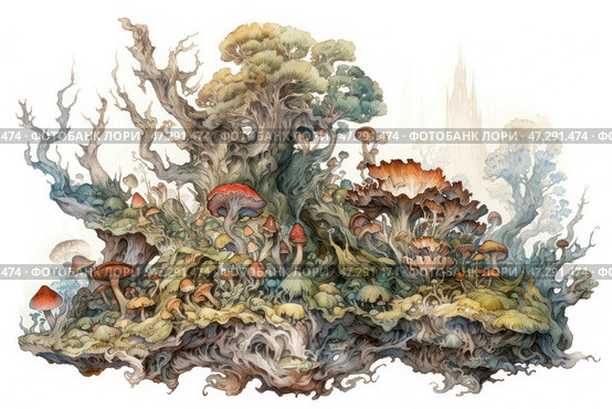 A magical forest scene, done in the style of a watercolor illustration. In the center of the composition, a dense forest grows with bizarre trees, dotted with bright mushrooms of different sizes and shapes. The main color scheme is soft natural shades of green, brown and orange. In the background, through the misty haze, the majestic silhouette of a mysterious castle or tower is barely visible, which adds an atmosphere of mystery to the image. The picture resembles a fantasy world full of magic and mysticism. Стоковое AI-изображение, AI-художник Анна Кривицкая / Фотобанк Лори