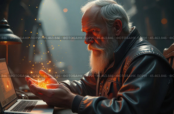 A magician and wizard sits in front of a laptop, holding gold dust in his hands. Стоковое AI-изображение, AI-художник Коханова Наталья / Фотобанк Лори