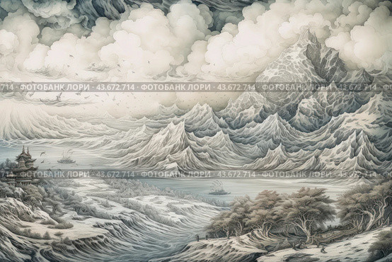 A magnificent mountain scene with high, snow-capped peaks and thick clouds framing the sky. In the center of the composition, undulating mountain ranges are visible, creating the impression of sea waves. In the foreground, there are trees and a small house in traditional Asian style. In the background, the sea is depicted with sailboats, giving the picture an atmosphere of ancient seafaring. The whole scene is done in pastel, muted colors, creating a sense of harmony and tranquility. Стоковое AI-изображение, AI-художник Анна Кривицкая / Фотобанк Лори