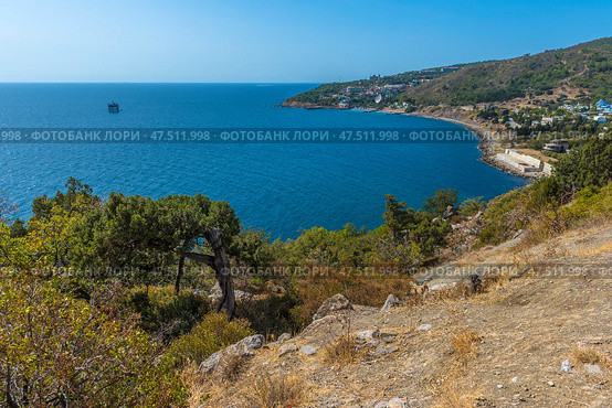 A magnificent view of the Crimean coast. From above, a panorama of the curved coastline, covered with sparse vegetation, rocks and junipers, opens up. In the distance, a small town or village with white houses spread out along the slope of a hill is visible. The Black Sea is deep blue, calm, with slight glare from the sun. On the horizon, closer to the center of the frame, an old sea platform or pier is noticeable. This place conveys an atmosphere of privacy, tranquility and southern warmth. Стоковое фото, фотограф Анна Кривицкая / Фотобанк Лори