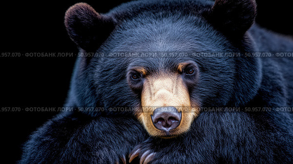 A majestic black bear in a serene close-up animal portrait, ideal for nature conservation awareness, educational content, or wildlife art. Стоковое AI-изображение, AI-художник Данила Большаков / Фотобанк Лори