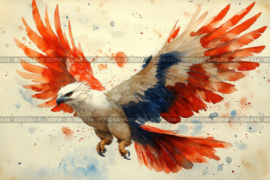 A majestic eagle in flight, executed in watercolor painting technique. The main emphasis is on the bright red and dark blue feathers of the wings, which create dynamics and emphasize the strength of the bird. The eagle's head is snow-white, with a predatory and penetrating look, emphasized by deep shadows and orange accents around the eyes. Стоковое AI-изображение, AI-художник Анна Кривицкая / Фотобанк Лори