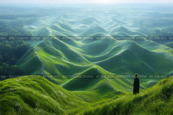 A majestic landscape with rolling green hills that stretch into the distance to the horizon. The surface of the hills is covered with fresh grass, shimmering in the sun, which creates an effect of softness and lightness. In the foreground stands a man in dark clothes, contemplating this natural landscape. The atmosphere of the painting is filled with peace and tranquility, emphasizing the harmony of man with nature. The light sky and soft morning light add a feeling of spaciousness and freshness. Стоковое AI-изображение, AI-художник Анна Кривицкая / Фотобанк Лори