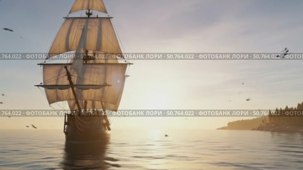 A Majestic Sailing Ship at Sunrise Gracefully Gliding Through the Calm Waters of the Sea, Historical Vessel Scene. Стоковое AI-видео, аниматор Лариса Пономарева / Фотобанк Лори