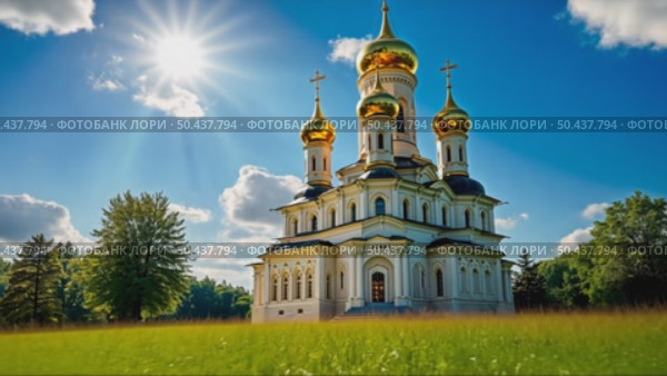 A majestic white Orthodox church with golden domes stands in a park with colorful autumn trees under a blue sky with clouds. Стоковое AI-видео, аниматор Sergey Grishin / Фотобанк Лори