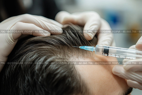 A male client receiving a scalp injection from a cosmetologist to stimulate hair growth. Мужчина-клиент, которому косметолог делает инъекции в кожу головы для стимуляции роста волос. Стоковое AI-изображение, AI-художник Katsiaryna Repich / Фотобанк Лори