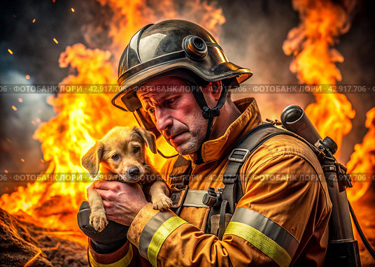 A male firefighter in special equipment against a background of flames and clouds of black smoke. A rescuer on fire. A firefighter rescued a puppy from the fire. Стоковое AI-изображение, AI-художник Photojuli / Фотобанк Лори