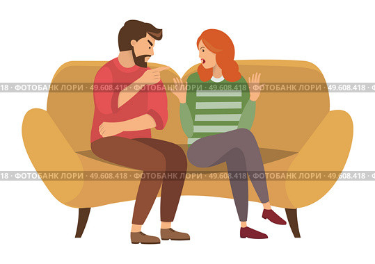 A man and a woman are sitting on a large yellow sofa. A couple of people quarrels sitting on the couch. Angry man points finger and yells at girl. Redhead girl is raising her hands in indignation. A man and a woman are sitting on a large sofa. A couple of people quarrels sitting on the couch. Стоковая иллюстрация, агентство Ingram Publishing / Фотобанк Лори