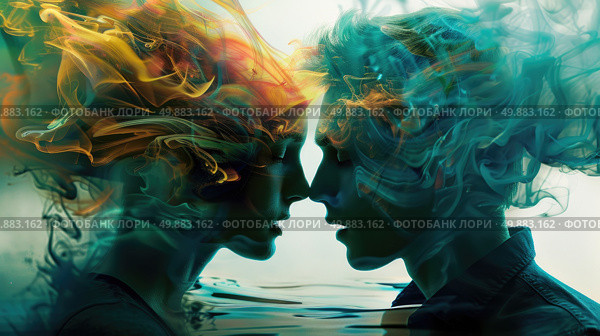 A man and a woman are standing opposite each other, making eye contact in a close interaction. Стоковое AI-изображение, AI-художник Данила Большаков / Фотобанк Лори