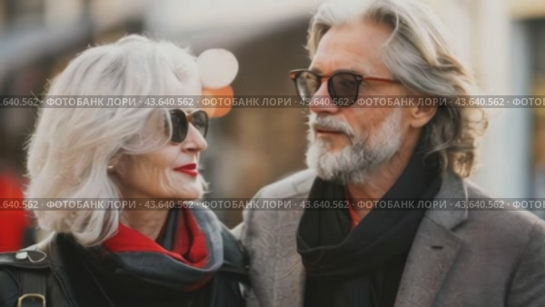 A man and a woman wearing fashionable sunglasses stand together on a busy city street. Стоковое AI-видео, аниматор Юрий Поздников / Фотобанк Лори