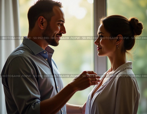 A man and woman stand close, sharing a tender moment in soft golden light. Their expressions convey love and understanding, deepening their bond in an intimate setting Generative AI. Стоковое AI-изображение, AI-художник Юлия Петровская / Фотобанк Лори