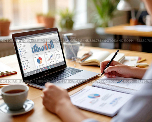 A man businessman while working in the company's office. Work with Laptop and documents. Стоковое AI-изображение, AI-художник Сергей Елизарьев / Фотобанк Лори