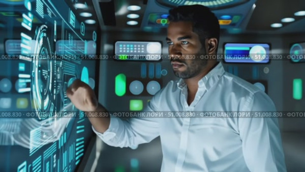 A man engages with advanced digital interfaces while analyzing data in a modern control room environment. Стоковое AI-видео, аниматор Данила Большаков / Фотобанк Лори