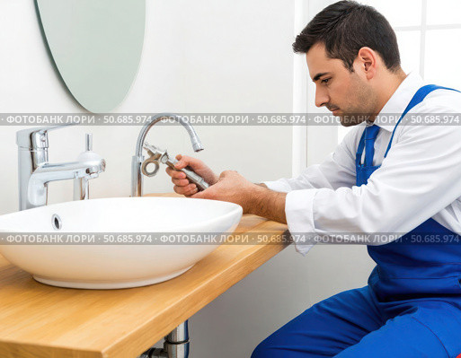 A man in a blue jumpsuit is fixing a sink. Стоковое AI-изображение, AI-художник Ярославский Максим / Фотобанк Лори