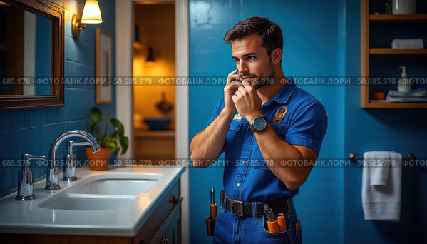 A man in a blue shirt is fixing a sink. Стоковое AI-изображение, AI-художник Ярославский Максим / Фотобанк Лори