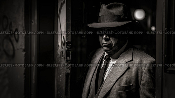 A man in a fedora stands in a dark doorway, his face partially obscured by the shadows. Стоковое AI-изображение, AI-художник Данила Большаков / Фотобанк Лори