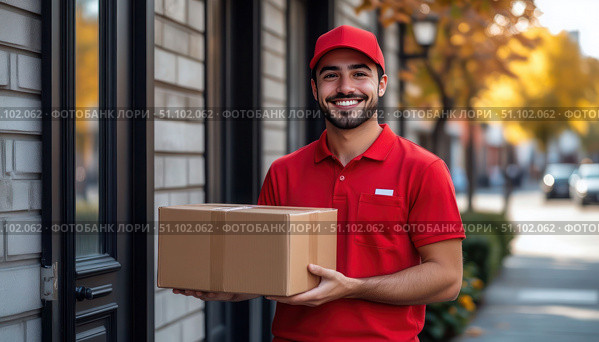 A man in a red shirt is holding a cardboard box. Стоковое AI-изображение, AI-художник Ярославский Максим / Фотобанк Лори