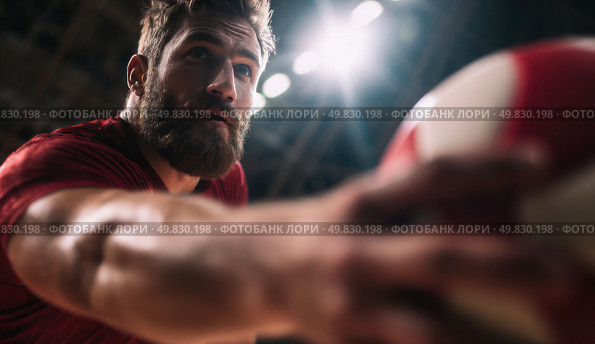 A man in a red shirt is holding a volleyball. Стоковое AI-изображение, AI-художник Ярославский Максим / Фотобанк Лори