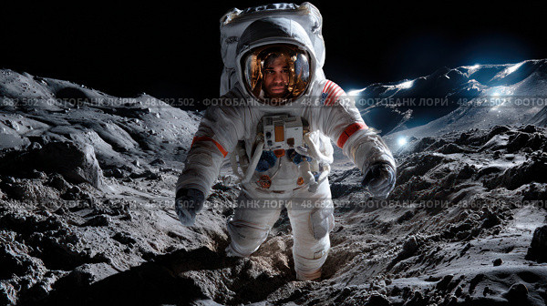A man in a spacesuit is walking on a snowy surface. Стоковое AI-изображение, AI-художник Ярославский Максим / Фотобанк Лори