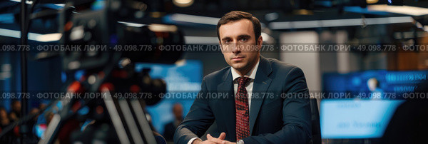 A man in a suit sits in a news studio, looking at the camera with a serious expression. The studio is lit with bright lights, and there are screens behind him displaying news headlines. Стоковое AI-изображение, AI-художник Данила Большаков / Фотобанк Лори