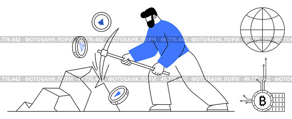 A man in blue shirt mines cryptocurrency coins using a pickaxe. Coins with cryptocurrency logos scatter around. Ideal for digital currency, technology, blockchain, investing, fintech. Minimalist. Digital Mining of Cryptocurrency Depicted by a Miner Using a Pickaxe. Стоковая иллюстрация, агентство Ingram Publishing / Фотобанк Лори