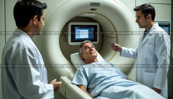 A man is lying in a hospital bed with a doctor standing over him. Стоковое AI-изображение, AI-художник Ярославский Максим / Фотобанк Лори