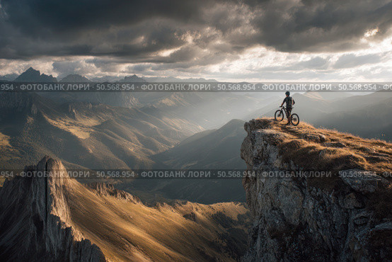 A man is riding a bike on a mountain top. Стоковое AI-изображение, AI-художник Ярославский Максим / Фотобанк Лори