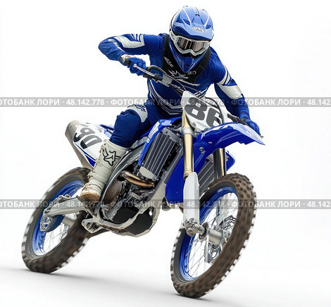 A man is riding a blue dirt bike with the number 86 on the side. Стоковое AI-изображение, AI-художник Ярославский Максим / Фотобанк Лори