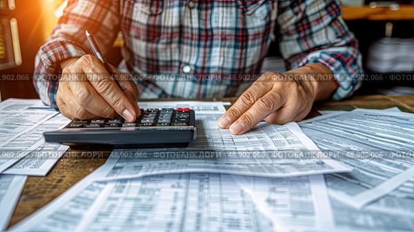 A man is seated at a desk, focused on using a calculator for calculations. Стоковое AI-изображение, AI-художник Данила Большаков / Фотобанк Лори
