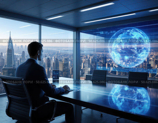A man is sitting at a desk in front of a computer screen with a globe on it. Стоковое AI-изображение, AI-художник Ярославский Максим / Фотобанк Лори
