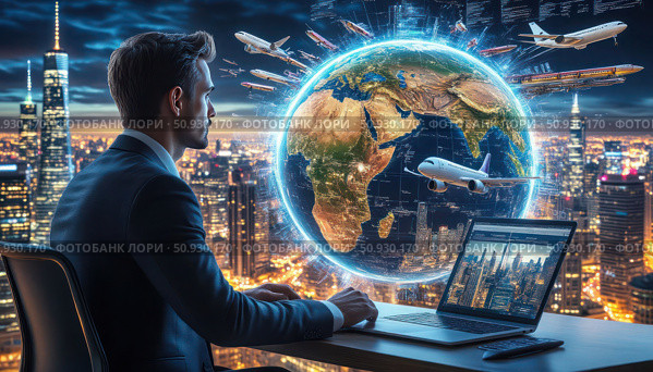 A man is sitting at a desk with a laptop in front of him. Стоковое AI-изображение, AI-художник Ярославский Максим / Фотобанк Лори