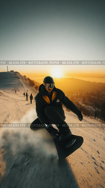 A man is snowboarding down a hill with a sunset in the background. Стоковое AI-изображение, AI-художник Ярославский Максим / Фотобанк Лори