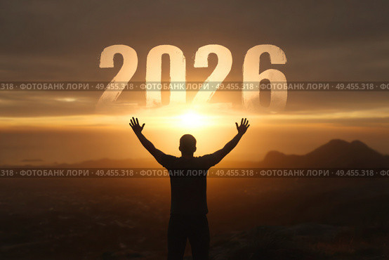 A man is standing on a mountain with his arms raised in the air. Стоковое AI-изображение, AI-художник Ярославский Максим / Фотобанк Лори