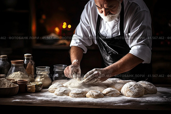 A man kneads dough on a wooden table in the kitchen at home and makes pies for the holiday. Generated by AI. Стоковое AI-изображение, AI-художник Ярославский Максим / Фотобанк Лори