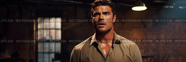A man looks shocked while standing in a poorly lit, industrial room with exposed brick walls. Стоковое AI-изображение, AI-художник Данила Большаков / Фотобанк Лори