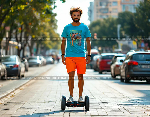 A man on a gyro scooter on a city street. Стоковое AI-изображение, AI-художник Сергей Елизарьев / Фотобанк Лори