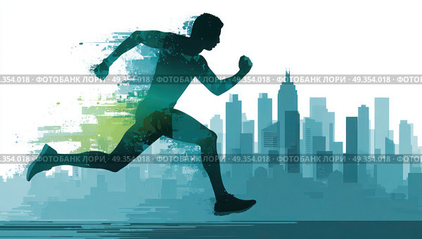 A man running in a city with buildings in the background. Стоковое AI-изображение, AI-художник Ярославский Максим / Фотобанк Лори